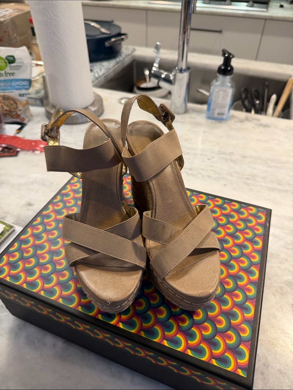 Charles David Beige Wedge Sandals with Ankle Strap